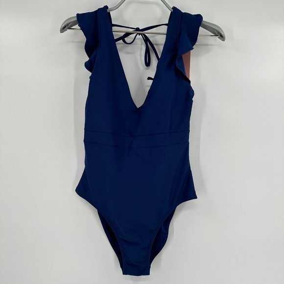 Quince Other - Quince Women's Italian Ruffle Shoulder One-Piece Swimsuit sz 4 S Navy Blue NWT